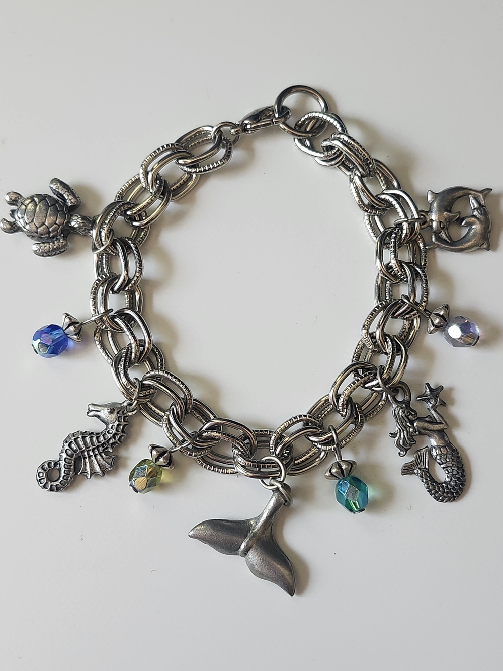 Vintage Silver Tone Sea Charm Bracelet Mermaid Whale Tail Seahorse Turtle Estate